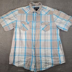 Legend One Western Shirt Mens XXLT Blue Tan Plaid Pearl Snap Short Sleeve Cotton